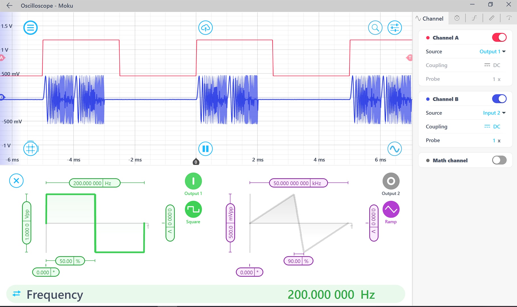 Figure 6: Burst modulated chirp signal with the Oscilloscope output square wave as trigger.