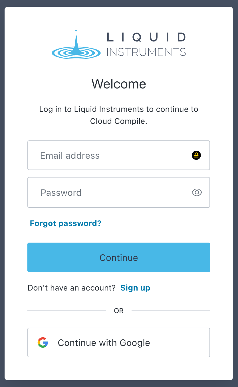 Moku Cloud Compile log-in screen