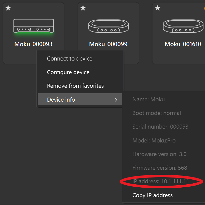 Device Info screen of the Moku Application