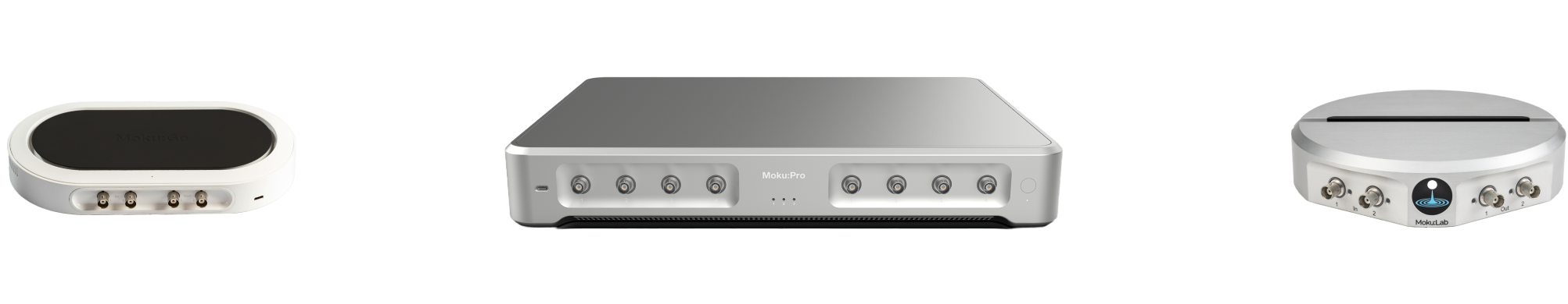 Moku hardwaare platforms side by side: Moku:Go, Moku:Pro, and Moku:Lab